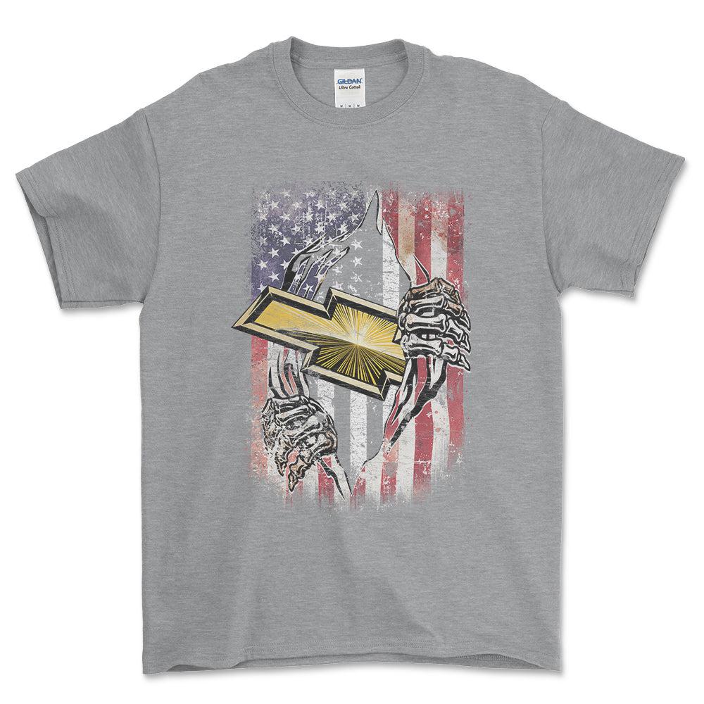 Chevrolet US Flag Unisex T-Shirt , Bomuld-Beklædning-Chevrolet-Grå Sport-S-Garage Culture Shop- garage - man cave - merchandise