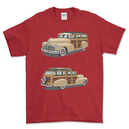 Chevrolet Woody Wagon 1948 - One Line Style Unisex T-Shirt-Beklædning-Chevrolet-Rød-S-Forside-Garage Culture Shop- garage - man cave - merchandise