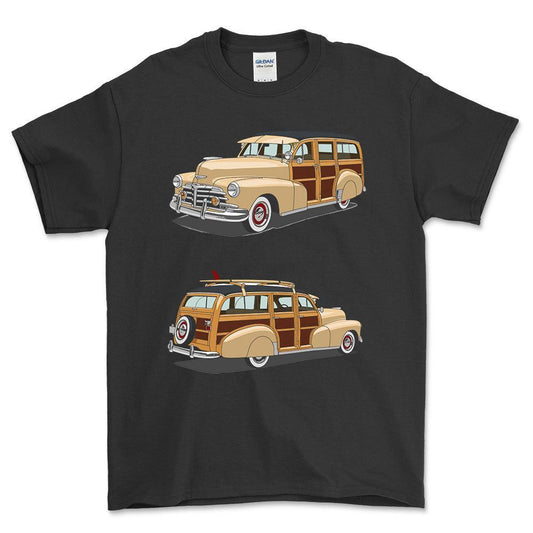 Chevrolet Woody Wagon 1948 - One Line Style Unisex T-Shirt-Beklædning-Chevrolet-Sort-S-Forside-Garage Culture Shop- garage - man cave - merchandise