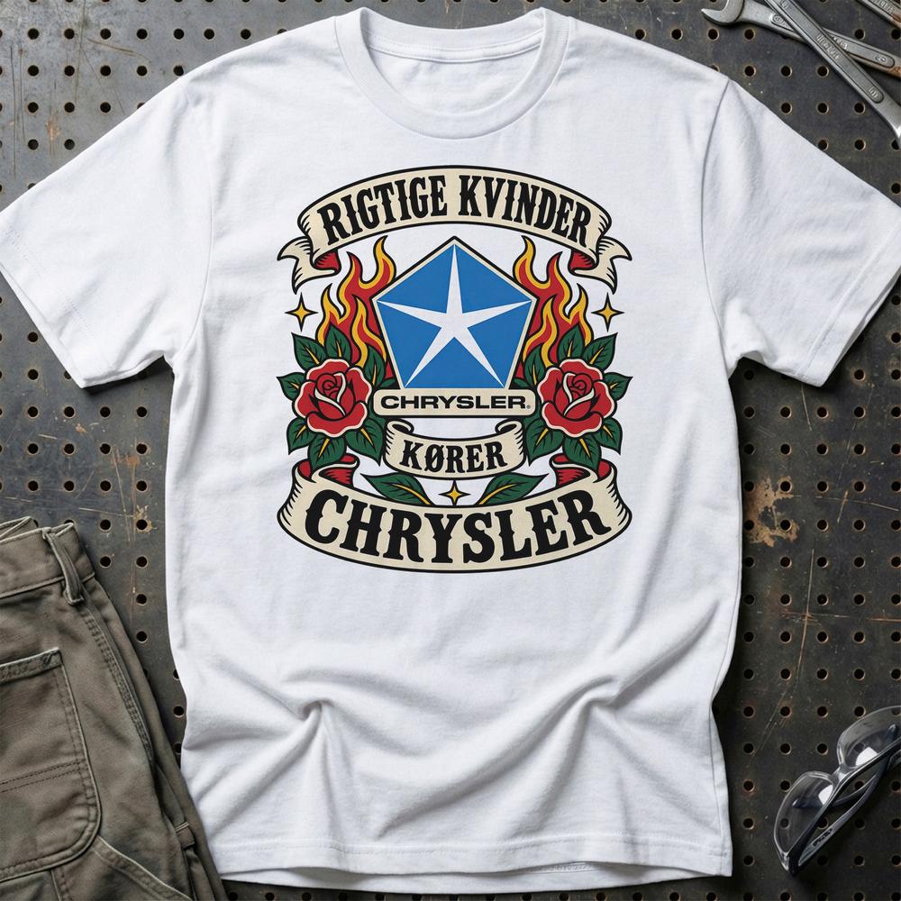 Chrysler Rigtige Kvinder Kører – Roser og Flammer T-Shirt-Beklædning-Chrysler-Hvid-S-Garage Culture Shop- garage - man cave - merchandise