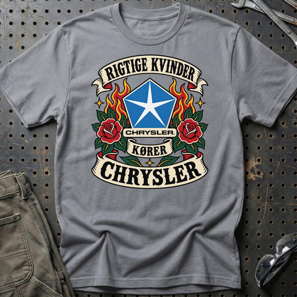 Chrysler Rigtige Kvinder Kører – Roser og Flammer T-Shirt-Beklædning-Chrysler-Grå Sport-S-Garage Culture Shop- garage - man cave - merchandise