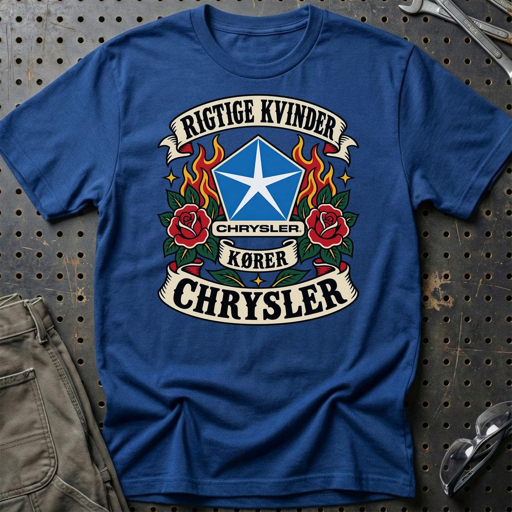 Chrysler Rigtige Kvinder Kører – Roser og Flammer T-Shirt-Beklædning-Chrysler-Blå Royal-S-Garage Culture Shop- garage - man cave - merchandise