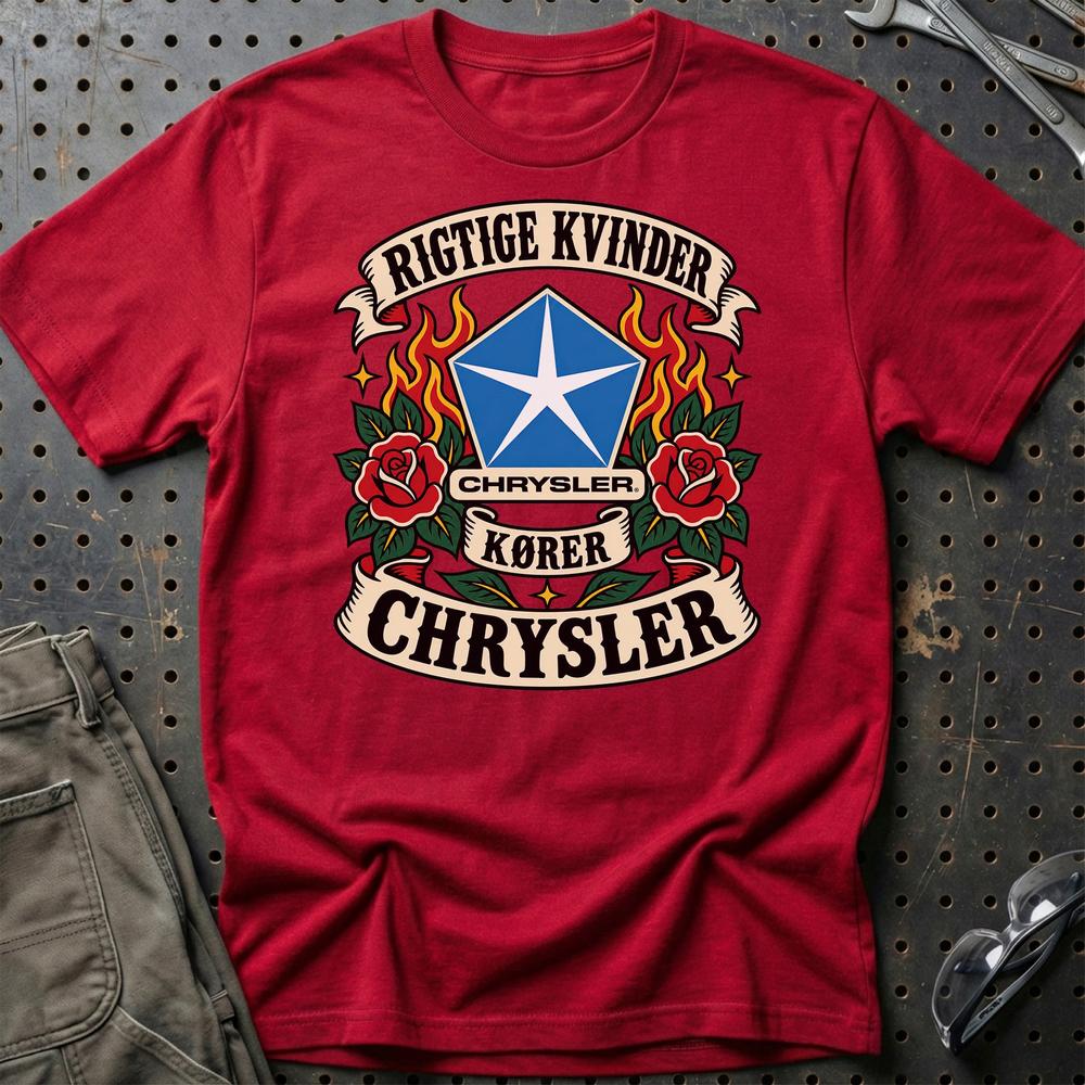 Chrysler Rigtige Kvinder Kører – Roser og Flammer T-Shirt-Beklædning-Chrysler-Rød-S-Garage Culture Shop- garage - man cave - merchandise