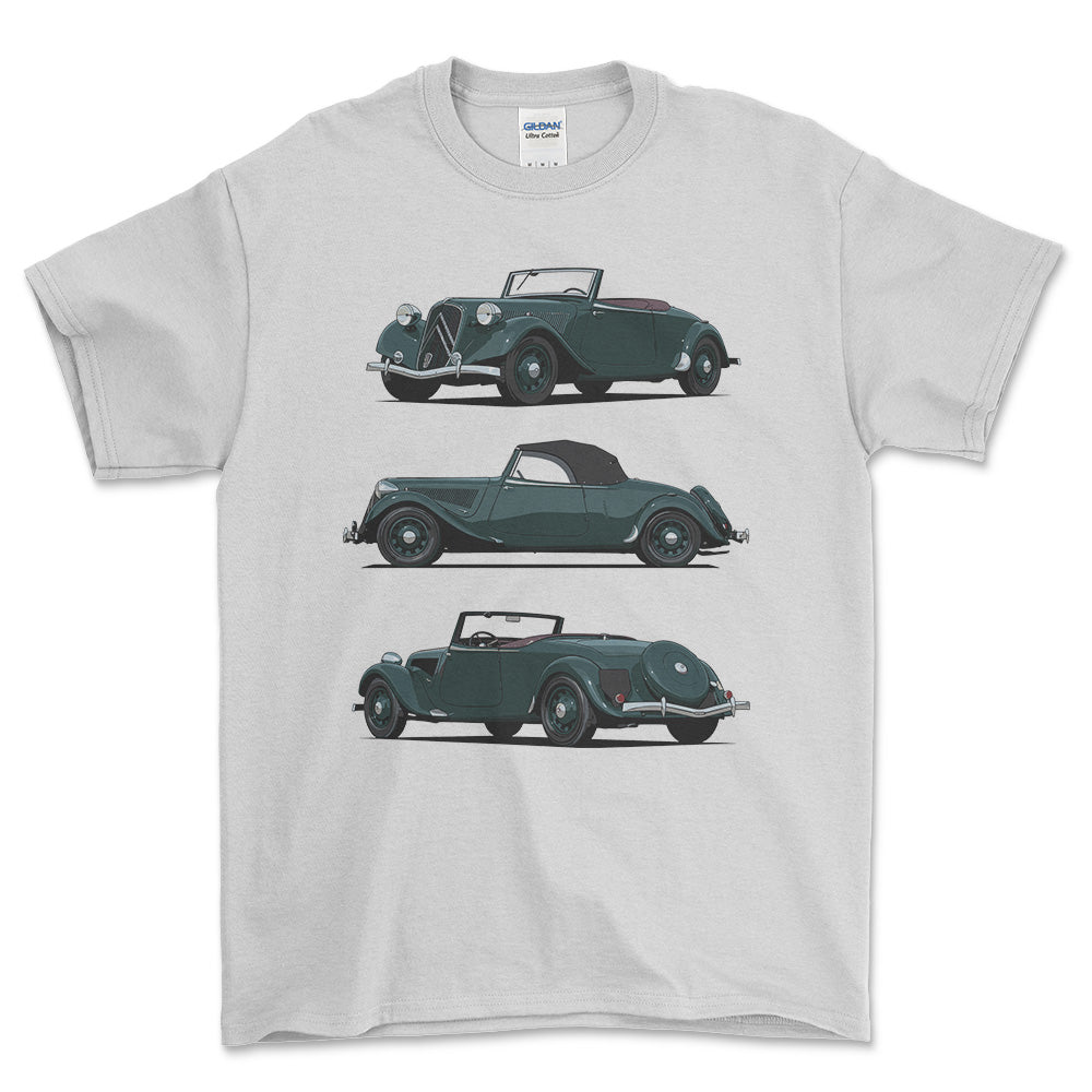 Citroen 15 CV Roadster 1939 - Unisex T-Shirt-Beklædning-Citroen-Hvid-S-Forside-Garage Culture Shop- garage - man cave - merchandise