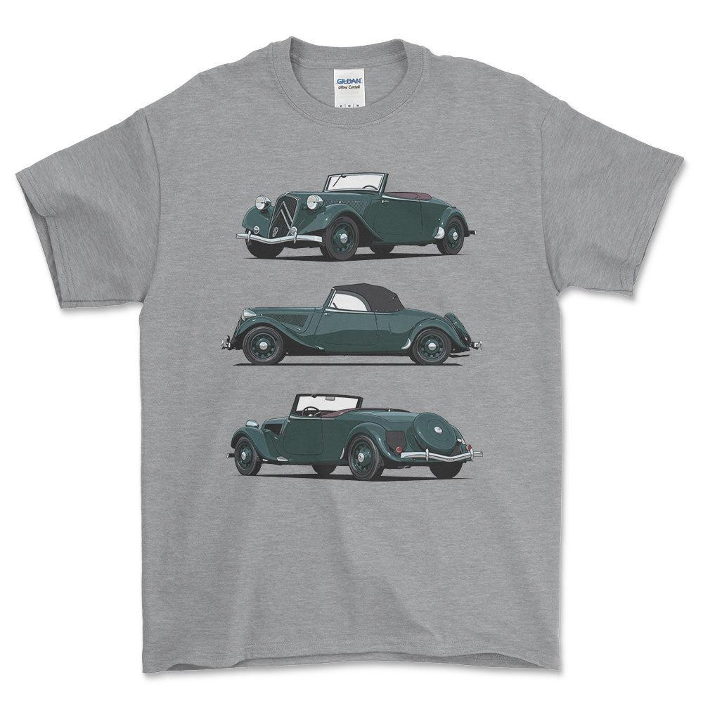 Citroen 15 CV Roadster 1939 - Unisex T-Shirt-Beklædning-Citroen-Grå Sport-S-Forside-Garage Culture Shop- garage - man cave - merchandise