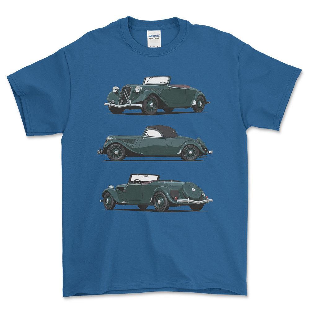 Citroen 15 CV Roadster 1939 - Unisex T-Shirt-Beklædning-Citroen-Blå Royal-S-Forside-Garage Culture Shop- garage - man cave - merchandise