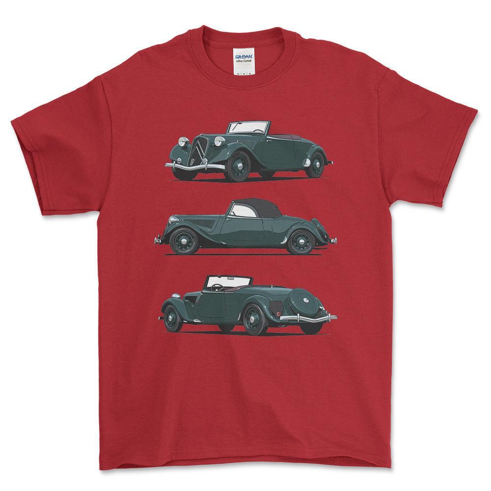 Citroen 15 CV Roadster 1939 - Unisex T-Shirt-Beklædning-Citroen-Rød-S-Forside-Garage Culture Shop- garage - man cave - merchandise
