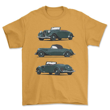 Citroen 15 CV Roadster 1939 - Unisex T-Shirt-Beklædning-Citroen-Guld-S-Forside-Garage Culture Shop- garage - man cave - merchandise