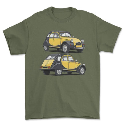 Citroën 2CV6 Charleston 1985 - Unisex T-Shirt-Beklædning-Citroen-Grøn Militær-S-Forside-Garage Culture Shop- garage - man cave - merchandise