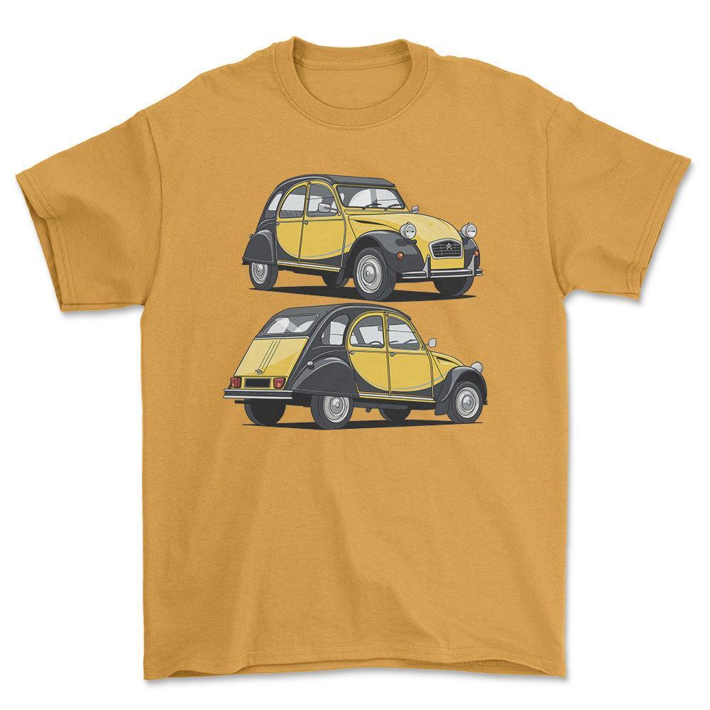 Citroën 2CV6 Charleston 1985 - Unisex T-Shirt-Beklædning-Citroen-Guld-S-Forside-Garage Culture Shop- garage - man cave - merchandise