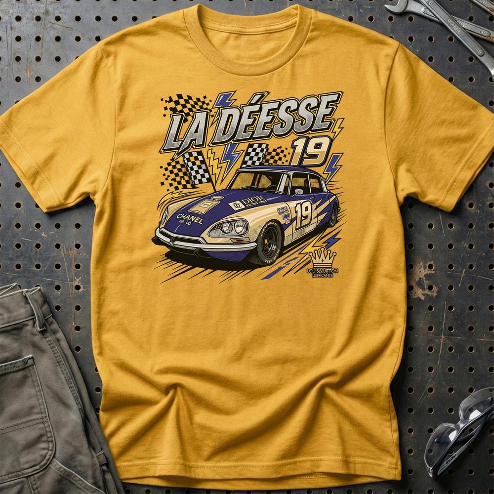 Citroën DS Racing T-Shirt - La Déesse 19 | Retro Motorsport T-Shirt-Beklædning-Citroen-Guld-S-Garage Culture Shop- garage - man cave - merchandise