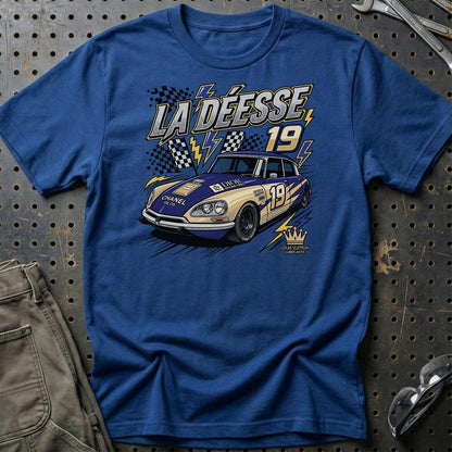 Citroën DS Racing T-Shirt – La Déesse 19 | Retro Motorsport - Unisex T-Shirt-Beklædning-Citroen-Blå Royal-S-Garage Culture Shop- garage - man cave - merchandise