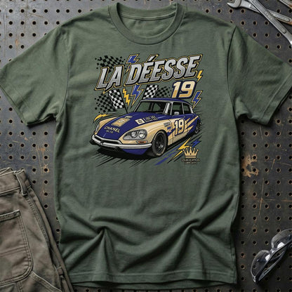 Citroën DS Racing T-Shirt – La Déesse 19 | Retro Motorsport - Unisex T-Shirt-Beklædning-Citroen-Grøn Militær-S-Garage Culture Shop- garage - man cave - merchandise