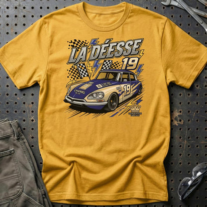 Citroën DS Racing T-Shirt – La Déesse 19 | Retro Motorsport - Unisex T-Shirt-Beklædning-Citroen-Guld-S-Garage Culture Shop- garage - man cave - merchandise