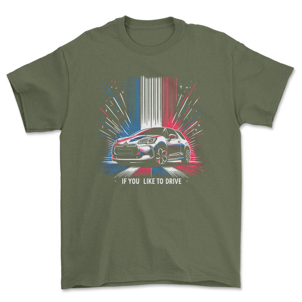 Citroën DS3 - If You Like To Drive - Unisex T-Shirt , Bomuld-Beklædning-Citroen-Grøn Militær-S-Forside-Garage Culture Shop- garage - man cave - merchandise