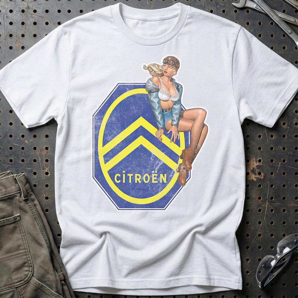 Citroen Pinup - Unisex T-Shirt , Bomuld-Beklædning-Citroen-Hvid-S-Garage Culture Shop- garage - man cave - merchandise