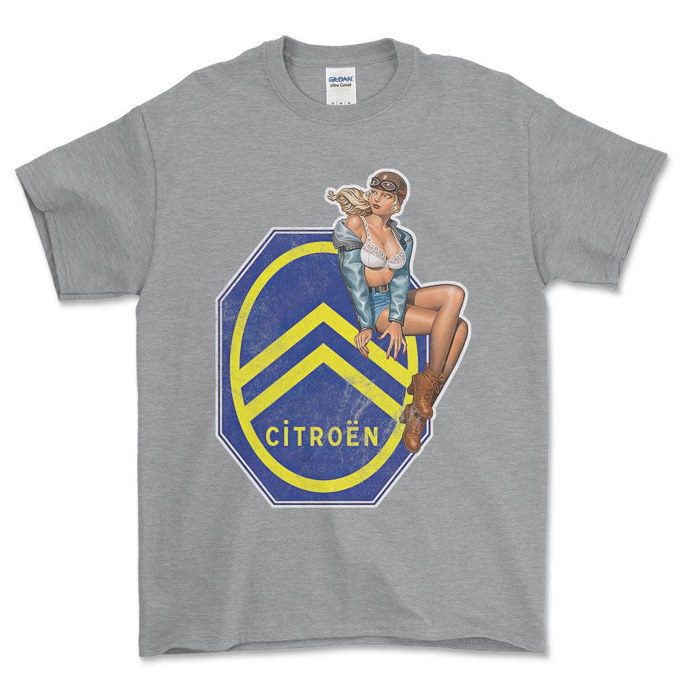 Citroen Pinup - Unisex T-Shirt , Bomuld-Beklædning-Citroen-Grå Sport-S-Forside-Garage Culture Shop- garage - man cave - merchandise