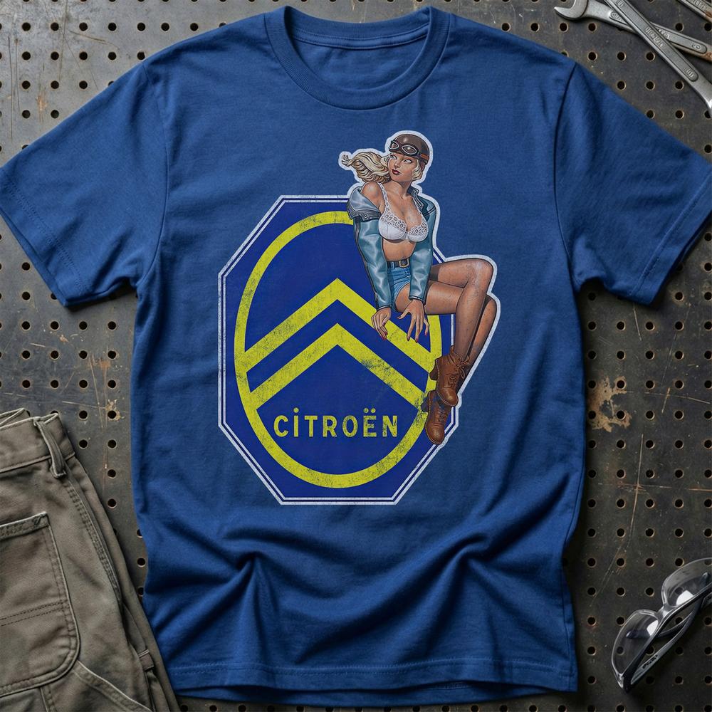 Citroen Pinup - Unisex T-Shirt , Bomuld-Beklædning-Citroen-Blå Royal-S-Garage Culture Shop- garage - man cave - merchandise