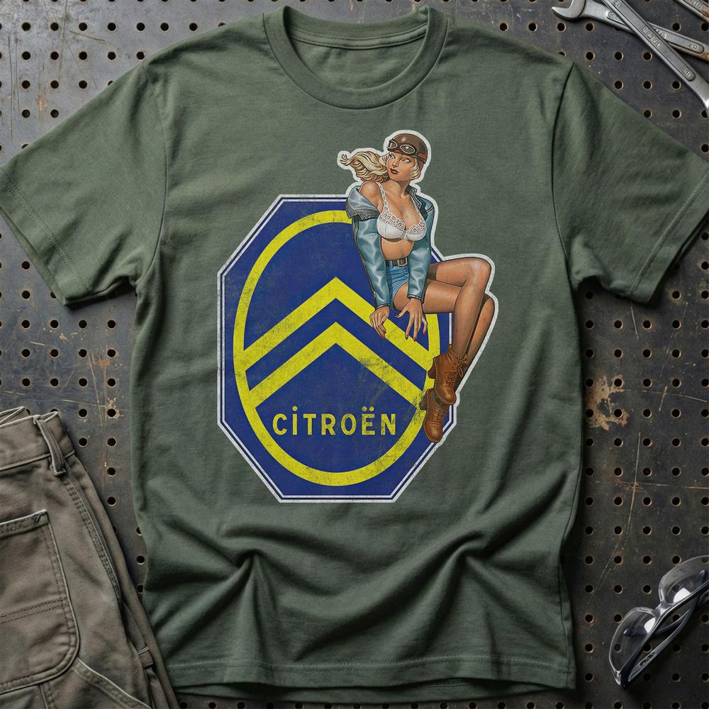 Citroen Pinup - Unisex T-Shirt , Bomuld-Beklædning-Citroen-Grøn Militær-S-Garage Culture Shop- garage - man cave - merchandise