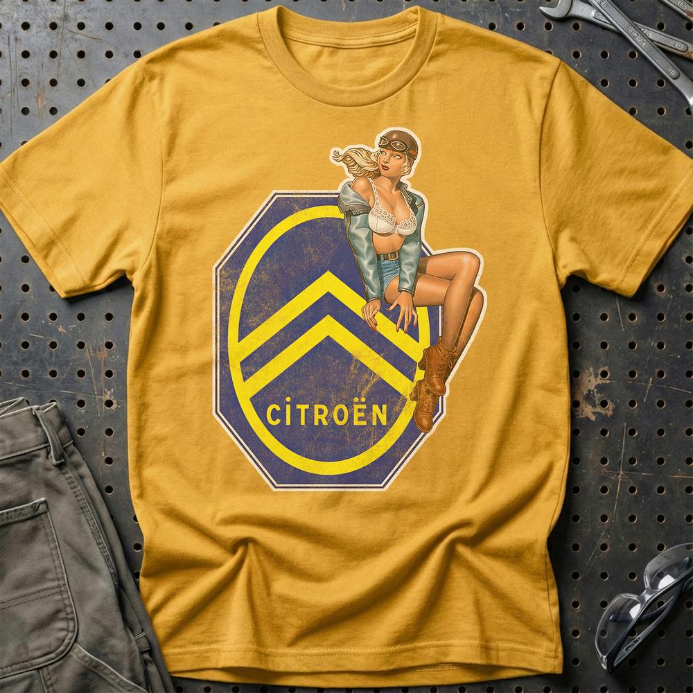 Citroen Pinup - Unisex T-Shirt , Bomuld-Beklædning-Citroen-Guld-S-Garage Culture Shop- garage - man cave - merchandise