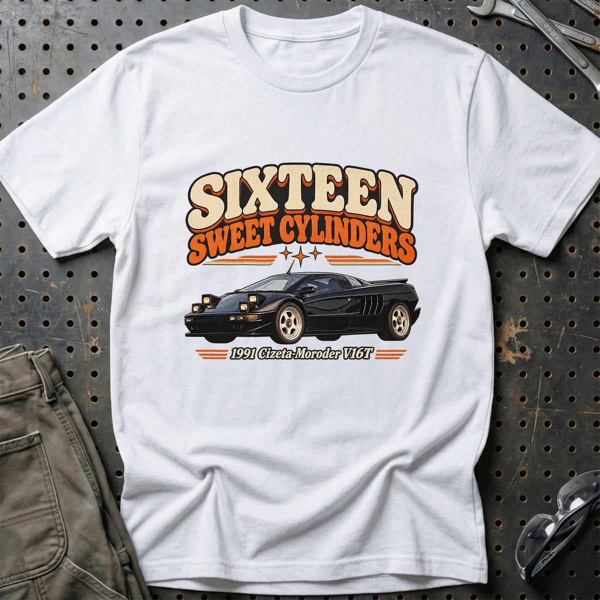 
Cizeta-Moroder V16T 1991 – Sixteen Sweet Cylinders T-Shirt – Hvid