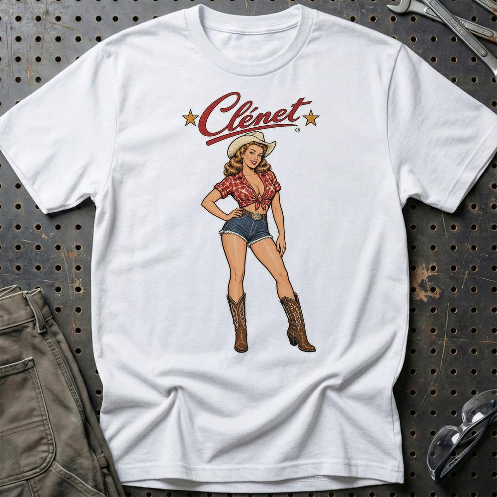 Clénet Cowboy Pinup T-Shirt-Beklædning-Clenet-Hvid-S-Garage Culture Shop- garage - man cave - merchandise
