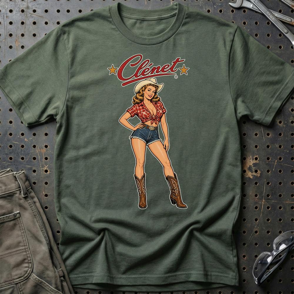 Clénet Cowboy Pinup T-Shirt-Beklædning-Clenet-Grøn Militær-S-Garage Culture Shop- garage - man cave - merchandise