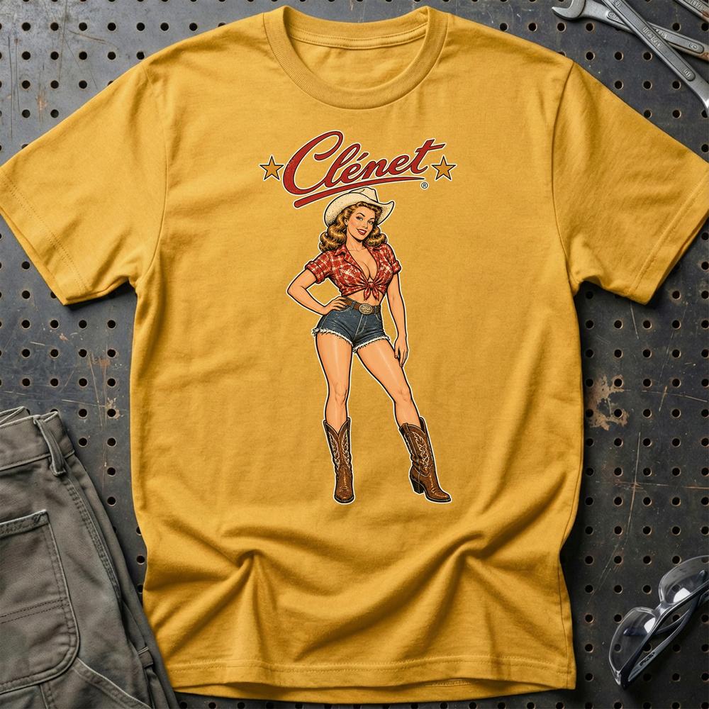 Clénet Cowboy Pinup T-Shirt-Beklædning-Clenet-Guld-S-Garage Culture Shop- garage - man cave - merchandise