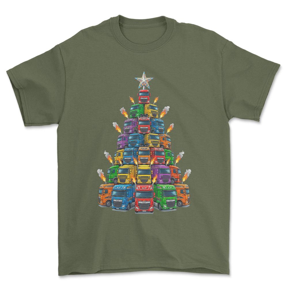 DAF Lastbil Juletræ Christmas Tree - Unisex T-Shirt-Beklædning-DAF-Grøn Militær-S-Forside-Garage Culture Shop- garage - man cave - merchandise