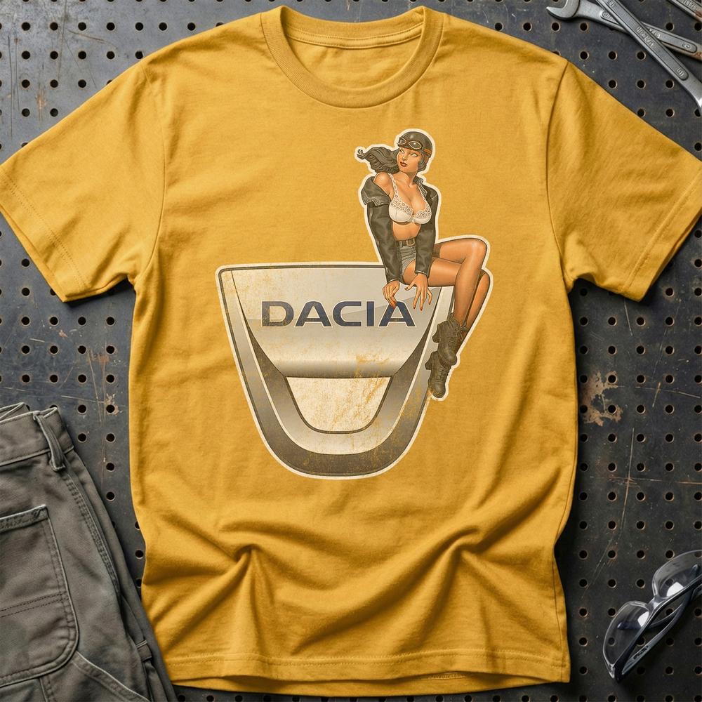 Dacia Pinup T-Shirt-Beklædning-Dacia-Guld-S-Garage Culture Shop- garage - man cave - merchandise