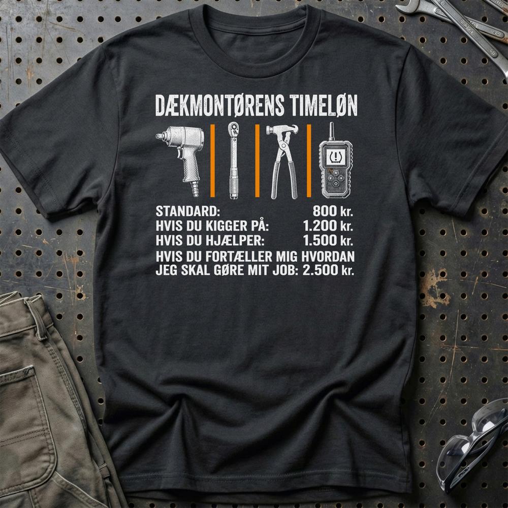 Dækmontørens Timeløn T-Shirt-Beklædning-Garage Culture-Sort-S-Garage Culture Shop- garage - man cave - merchandise