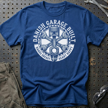 Danish Garage Built – Hands Greasy Heart Happy - Unisex T-Shirt , Bomuld-Beklædning-Garage Culture-Blå Royal-S-Garage Culture Shop- garage - man cave - merchandise