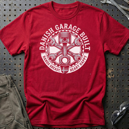 Danish Garage Built – Hands Greasy Heart Happy - Unisex T-Shirt , Bomuld-Beklædning-Garage Culture-Rød-S-Garage Culture Shop- garage - man cave - merchandise