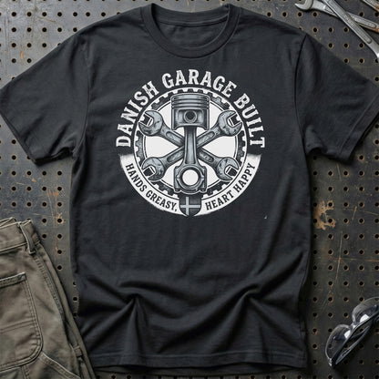 Danish Garage Built – Hands Greasy Heart Happy - Unisex T-Shirt , Bomuld-Beklædning-Garage Culture-Sort-S-Garage Culture Shop- garage - man cave - merchandise