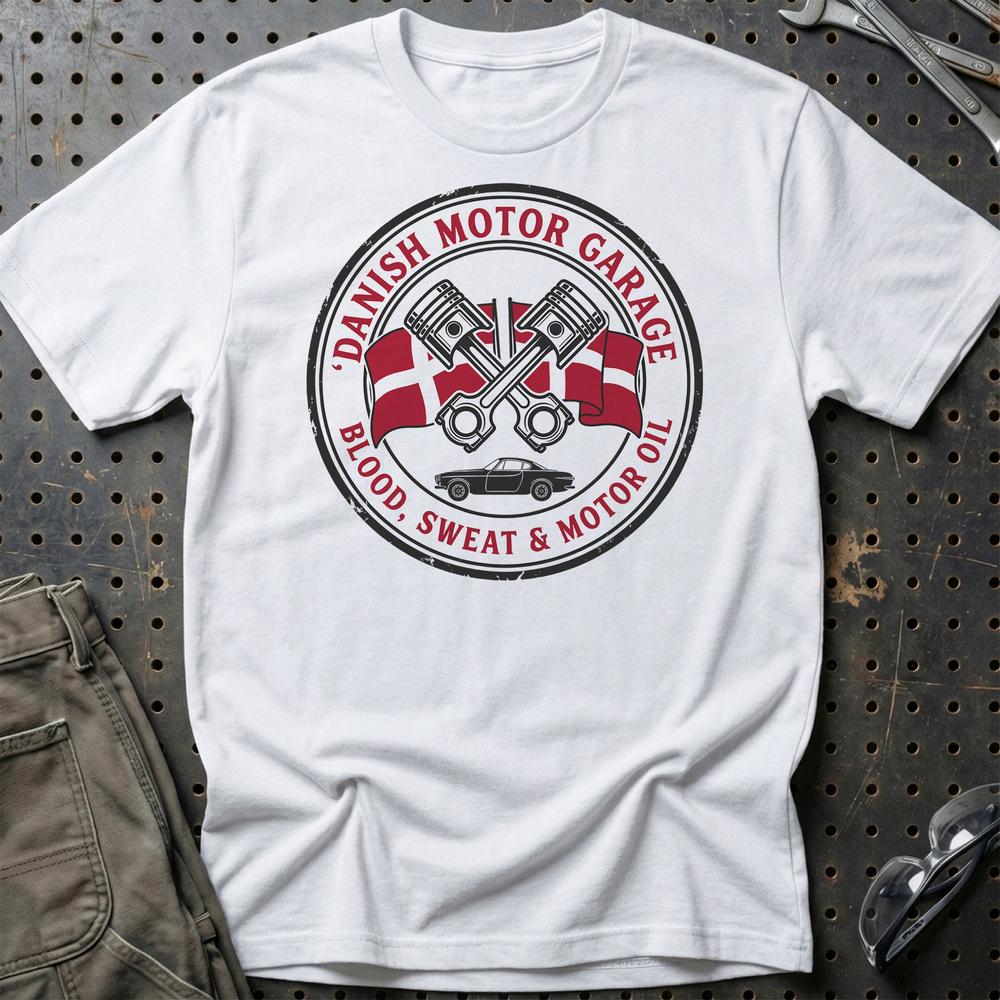 Danish Motor Garage Blood, Sweat & Motor Oil T-Shirt-Beklædning-Garage Culture-Hvid-S-Garage Culture Shop- garage - man cave - merchandise