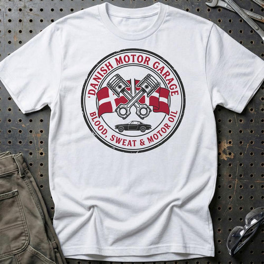 Danish Motor Garage Blood, Sweat & Motor Oil - Unisex T-Shirt , Bomuld-Beklædning-Garage Culture-Hvid-S-Garage Culture Shop- garage - man cave - merchandise
