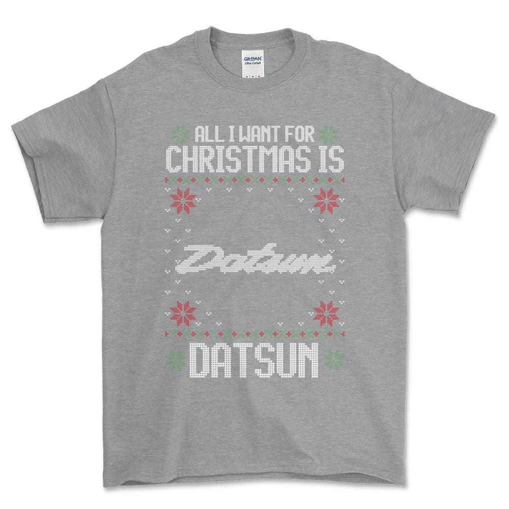 Datsun - All I Want For Christmas - Unisex T-Shirt , Bomuld-Beklædning-Datsun-Grå Sport-S-Forside-Garage Culture Shop- garage - man cave - merchandise