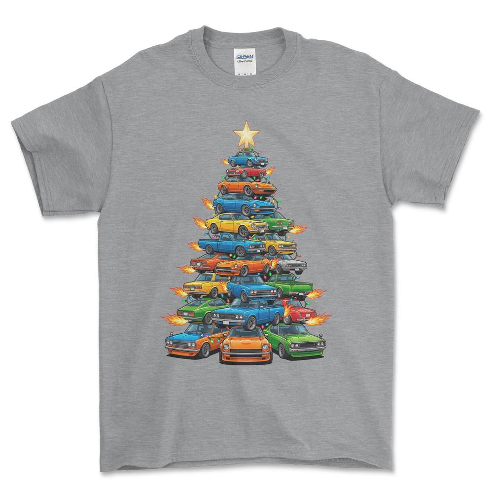 Datsun Juletræ Christmas Tree - Unisex T-Shirt-Beklædning-Datsun-Grå Sport-S-Forside-Garage Culture Shop- garage - man cave - merchandise