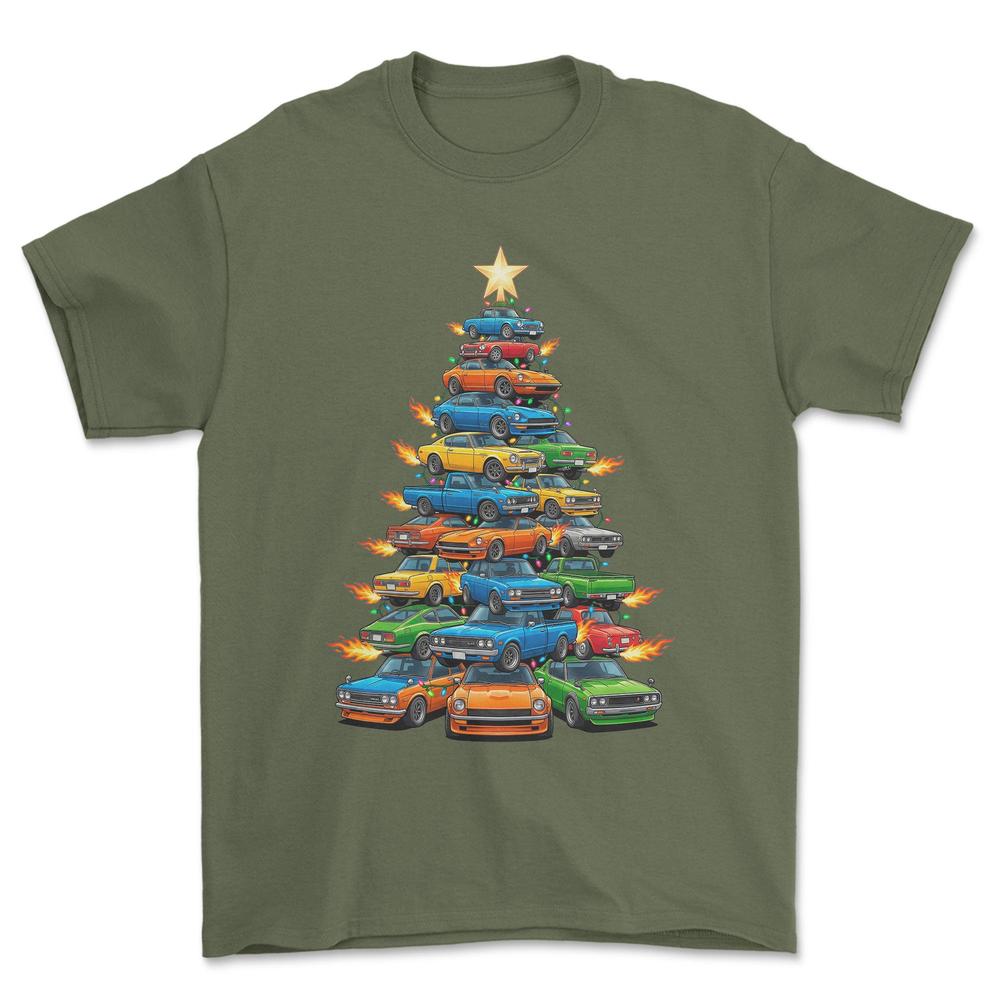 Datsun Juletræ Christmas Tree - Unisex T-Shirt-Beklædning-Datsun-Grøn Militær-S-Forside-Garage Culture Shop- garage - man cave - merchandise