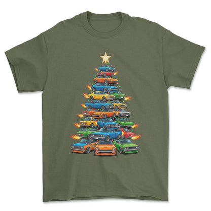 Datsun Juletræ Christmas Tree - Unisex T-Shirt-Beklædning-Datsun-Grøn Militær-S-Forside-Garage Culture Shop- garage - man cave - merchandise