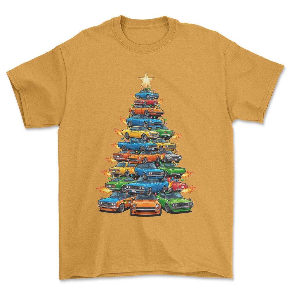 Datsun Juletræ Christmas Tree - Unisex T-Shirt-Beklædning-Datsun-Guld-S-Forside-Garage Culture Shop- garage - man cave - merchandise