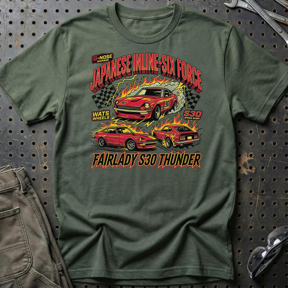 Datsun Nissan Fairlady Z S30 Japanese Inline Six Force T-Shirt-Beklædning-Datsun-Grøn Militær-S-Garage Culture Shop- garage - man cave - merchandise