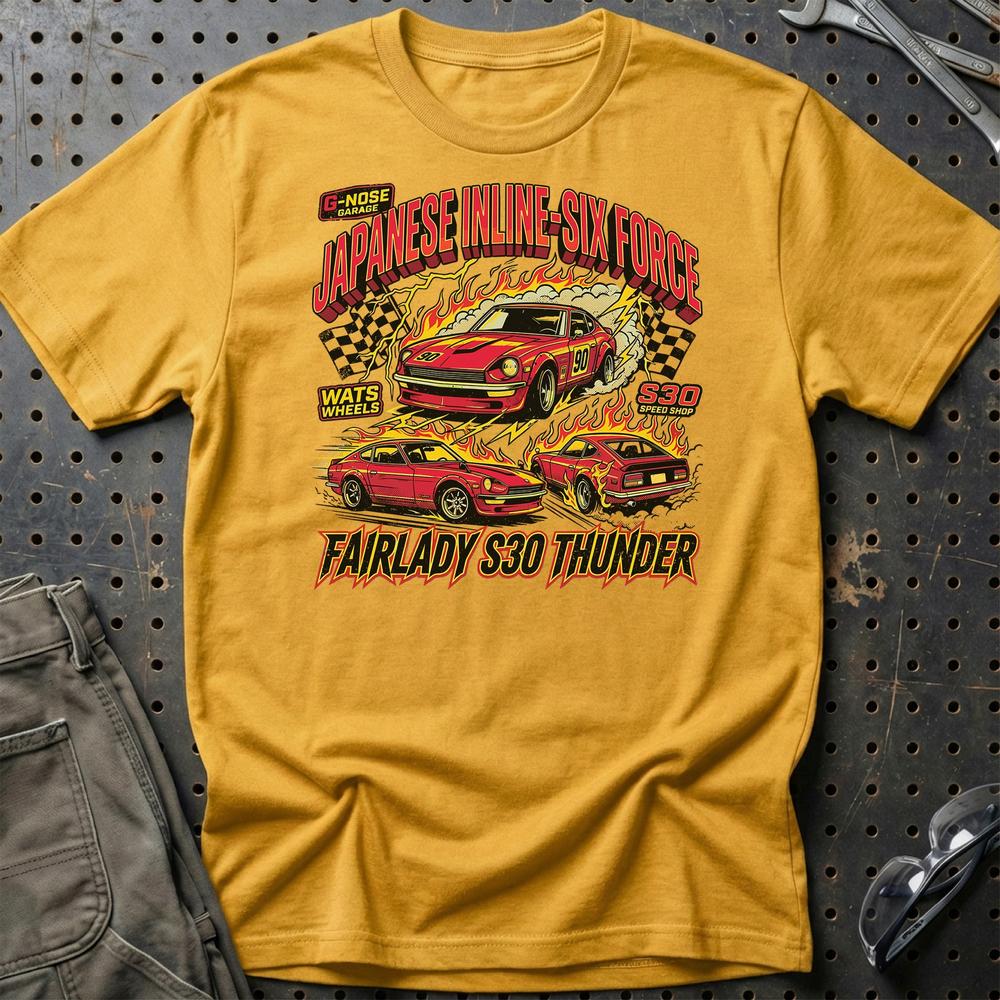 Datsun Nissan Fairlady Z S30 Japanese Inline Six Force T-Shirt-Beklædning-Datsun-Guld-S-Garage Culture Shop- garage - man cave - merchandise