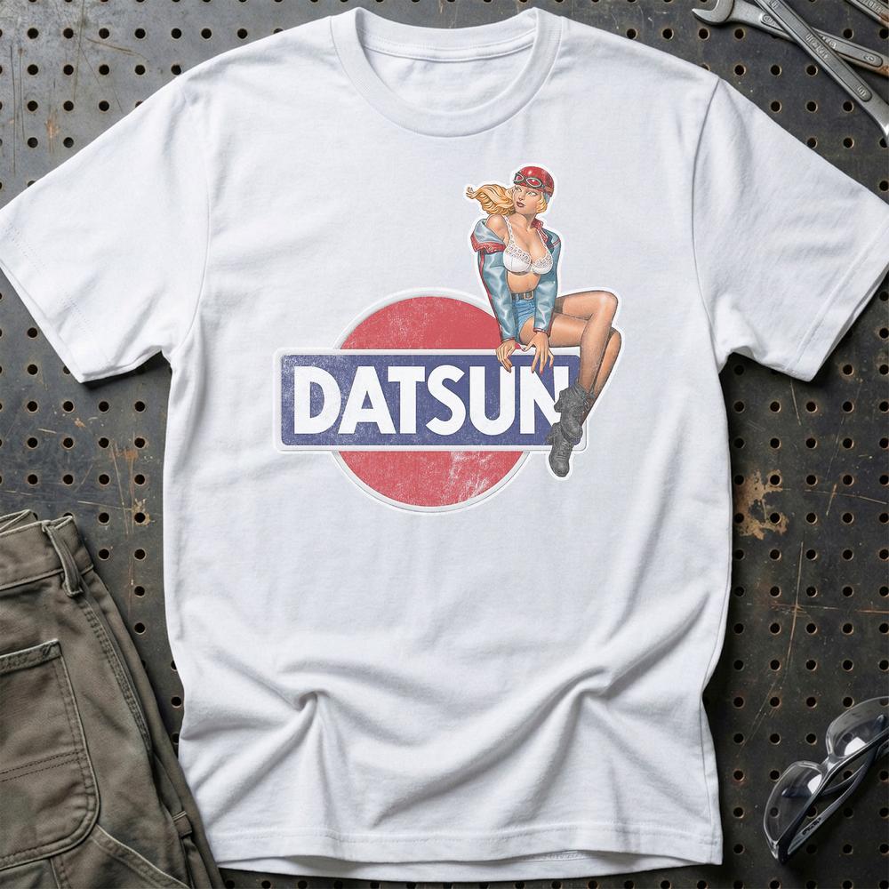 Datsun Pinup T-Shirt-Beklædning-Datsun-Hvid-S-Garage Culture Shop- garage - man cave - merchandise