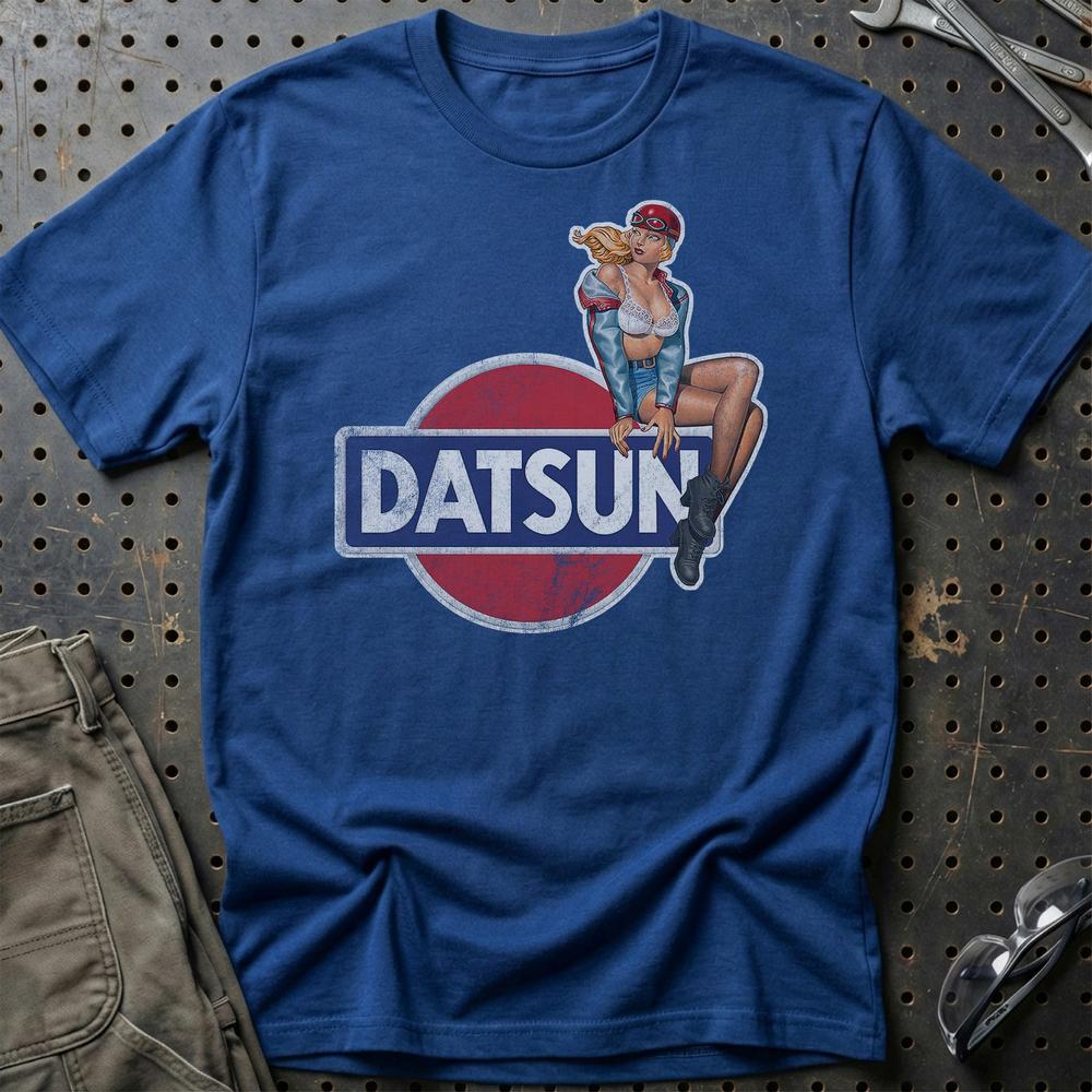 Datsun Pinup T-Shirt-Beklædning-Datsun-Blå Royal-S-Garage Culture Shop- garage - man cave - merchandise