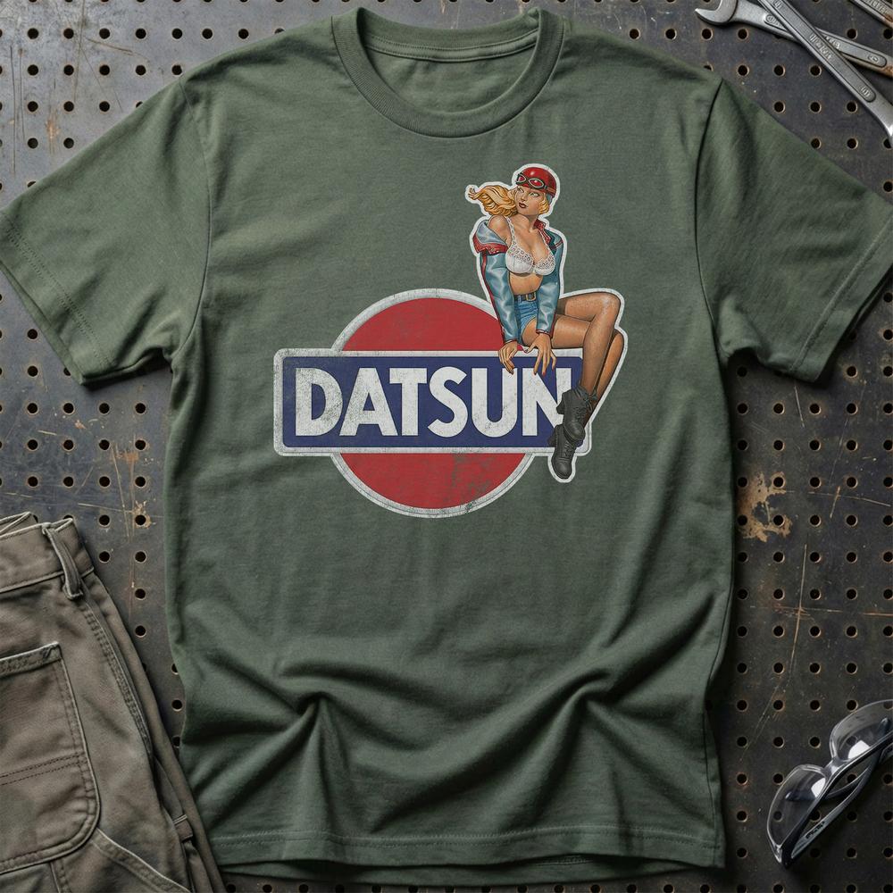 Datsun Pinup T-Shirt-Beklædning-Datsun-Grøn Militær-S-Garage Culture Shop- garage - man cave - merchandise