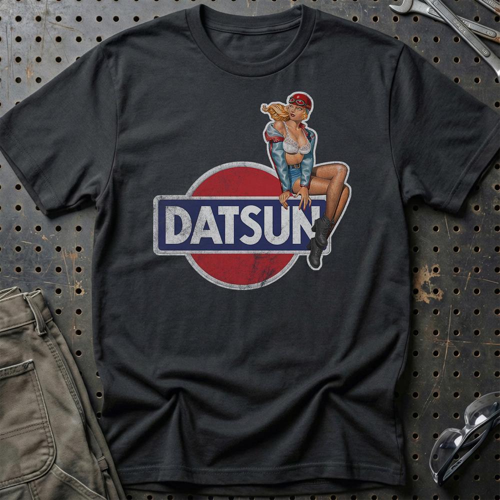 Datsun Pinup T-Shirt-Beklædning-Datsun-Sort-S-Garage Culture Shop- garage - man cave - merchandise