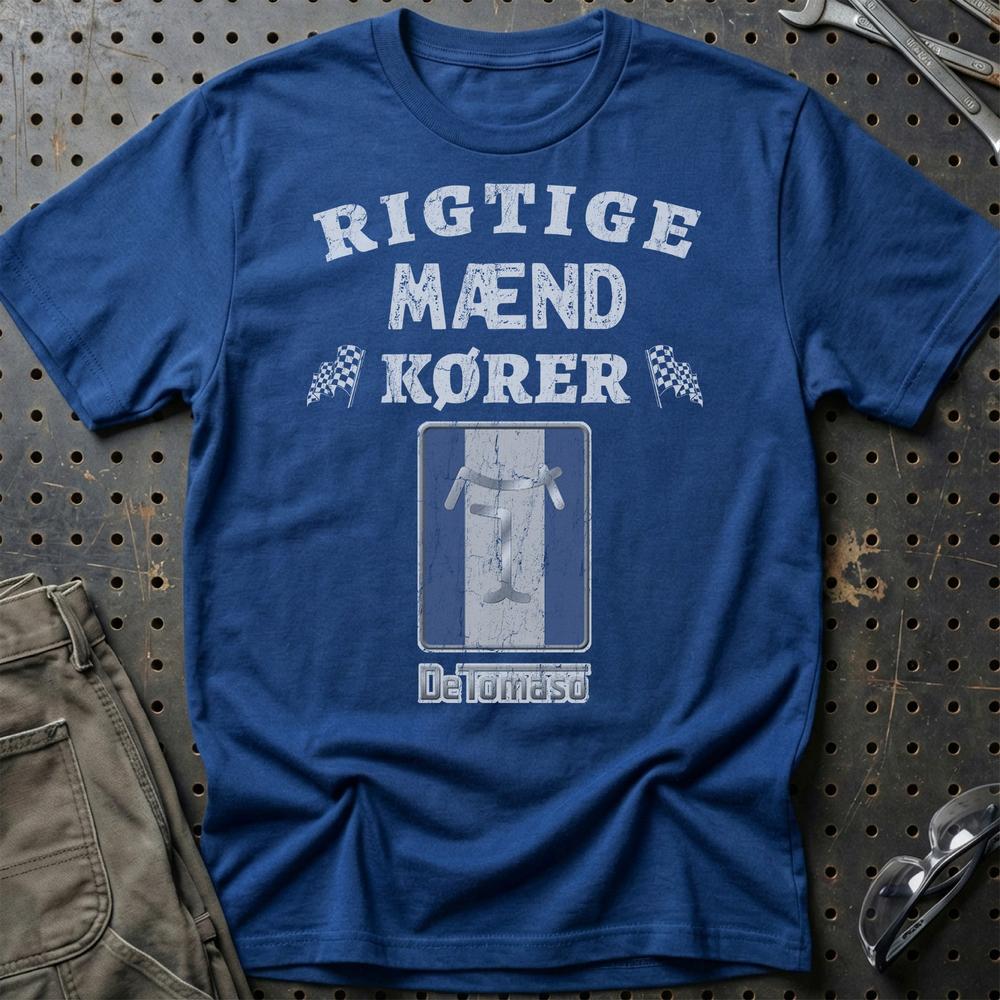 De Tomaso Rigtige Mænd Kører - Unisex T-Shirt , Bomuld-Beklædning-De Tomaso-Blå Royal-S-Garage Culture Shop- garage - man cave - merchandise