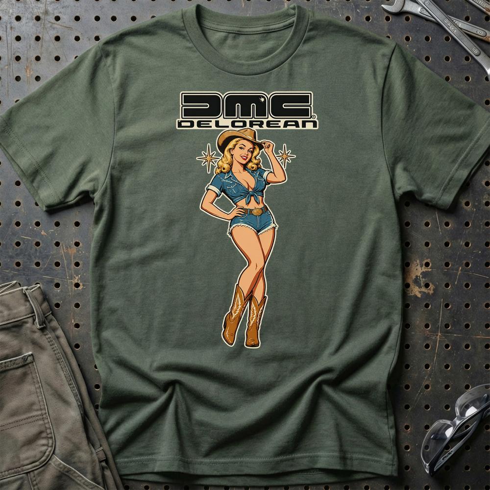 DeLorean Cowboy Pinup T-Shirt-Beklædning-DeLorean-Grøn Militær-S-Garage Culture Shop- garage - man cave - merchandise