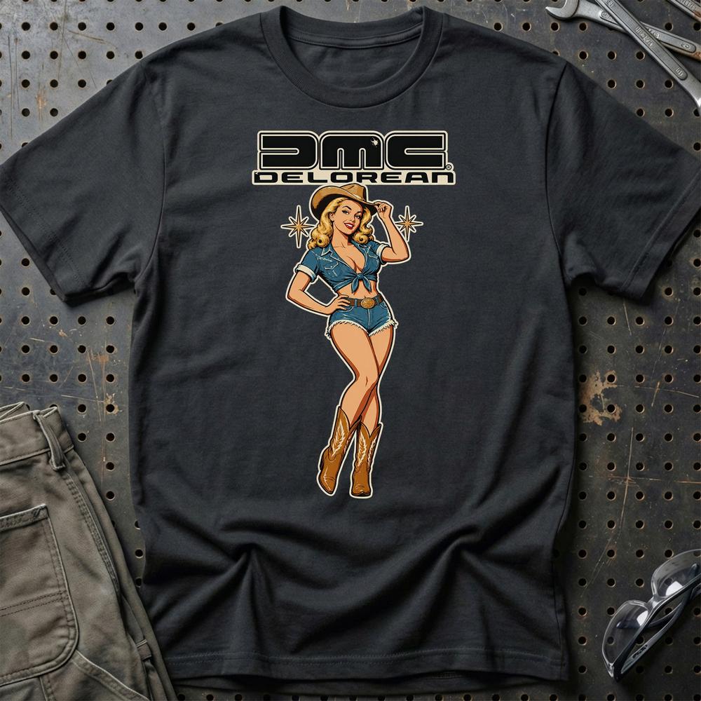 DeLorean Cowboy Pinup T-Shirt-Beklædning-DeLorean-Sort-S-Garage Culture Shop- garage - man cave - merchandise